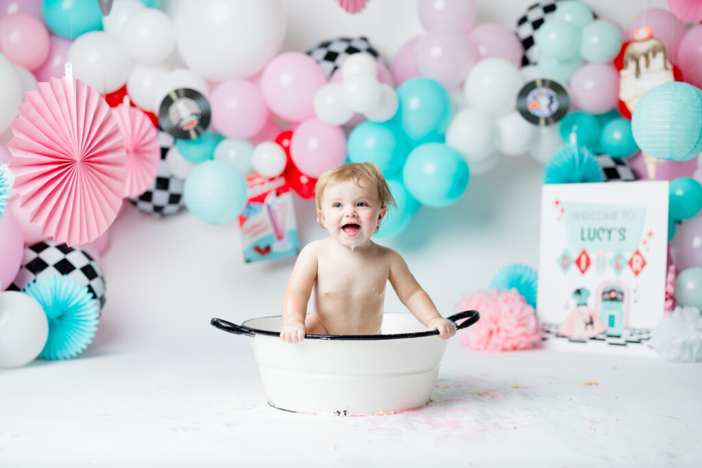 first birthday cake smash baby white tub