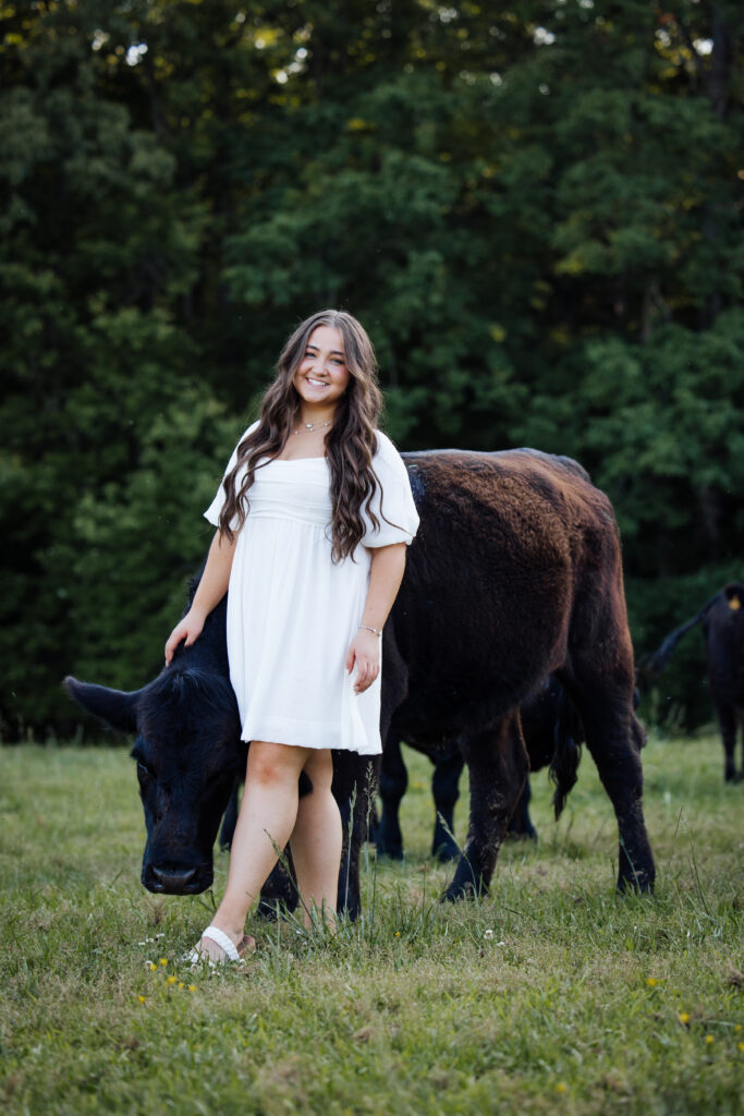 girl standing next to large black and brown cow graduation session 