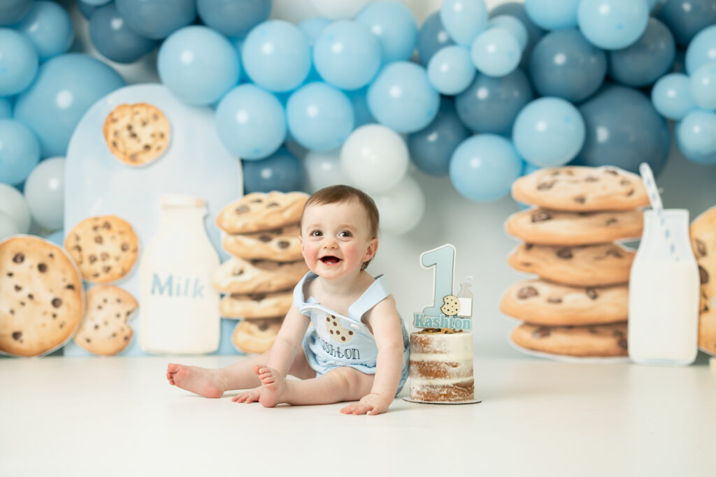 blue cookies and milk themed first birthday picture