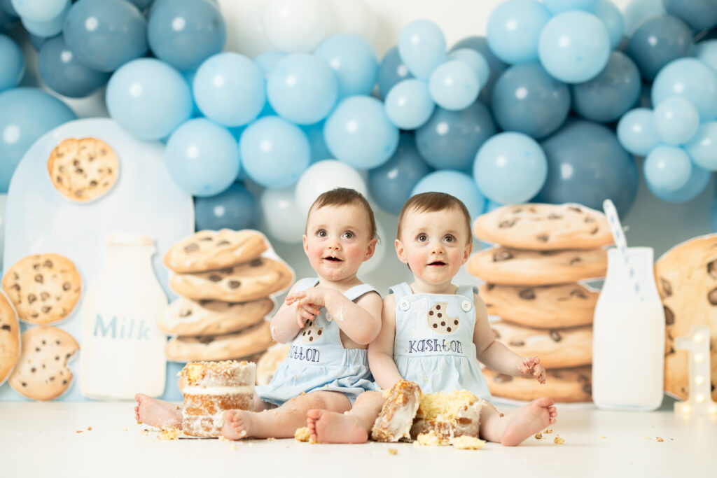 blue balloon garland first birthday cookies and milk themed session 