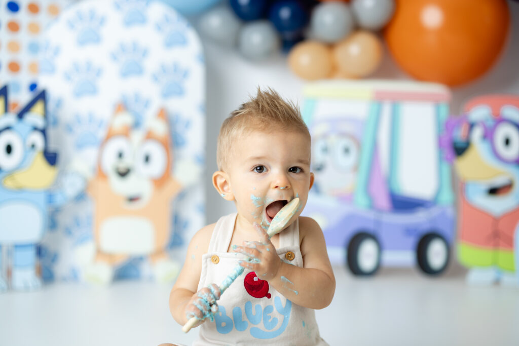 Custom Bluey birthday cake with colorful decorations made by Victoria Lee Photography