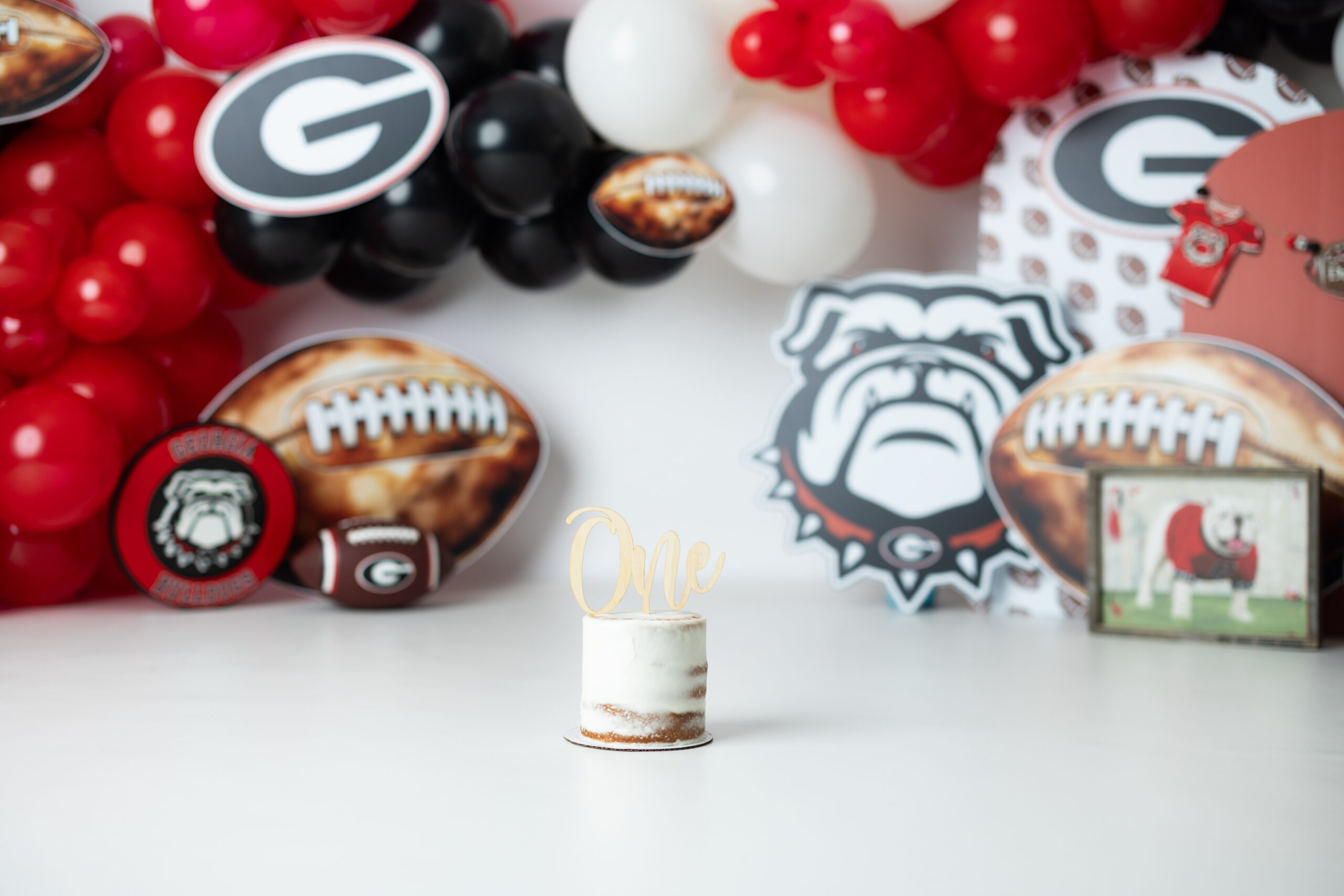 Custom red and black UGA football-themed cake with handmade props for first birthday session in Canton, GA