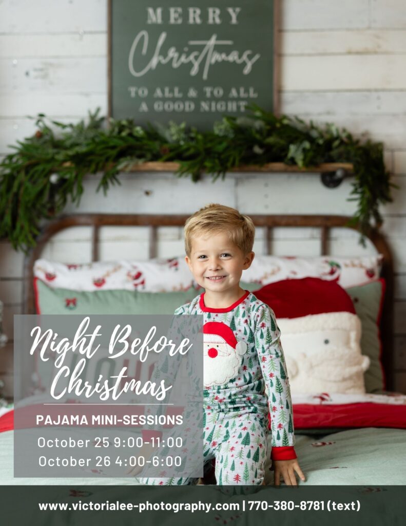 Christmas Pajamas mini session in Canton, GA with over-the-top holiday set, cozy bed, and festive decorations for kids