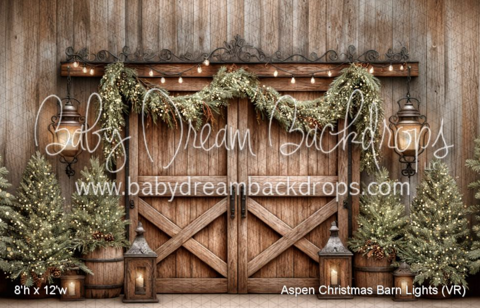 Aspen Christmas Barn mini session setup in Canton, GA with rustic barn doors, pine garland, and real trees, perfect for kids and family photos.