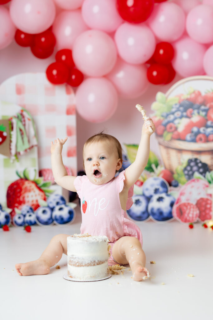 Berry First Birthday Cake Smash Canton GA with baby girl