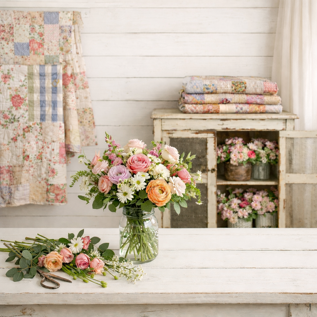 Vintage-inspired spring flower bar setup with fresh bouquets, greenery, old quilts, and a rustic pie safe in a photography studio in Canton, GA.