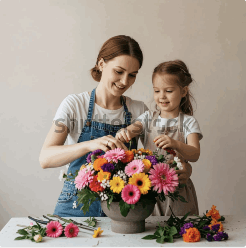 Mother and daughter choosing flowers at studio flower bar during spring mini-session.